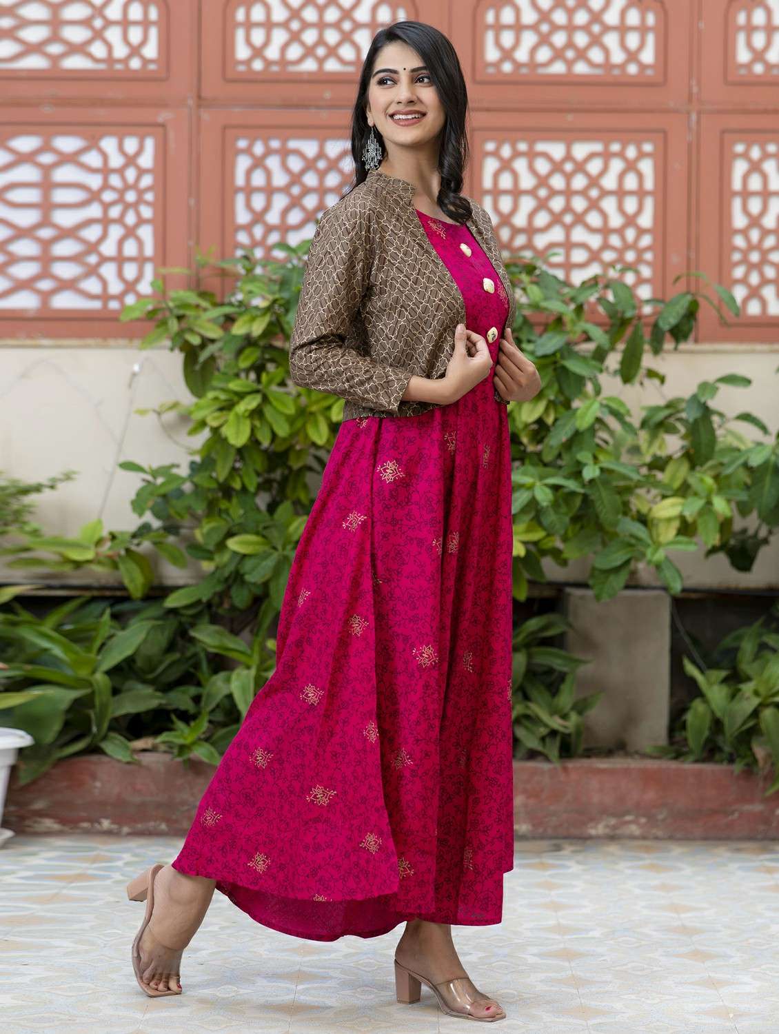 women floral printed three quarter sleeve ethnic dress - 21963338 - Standard Image - 1