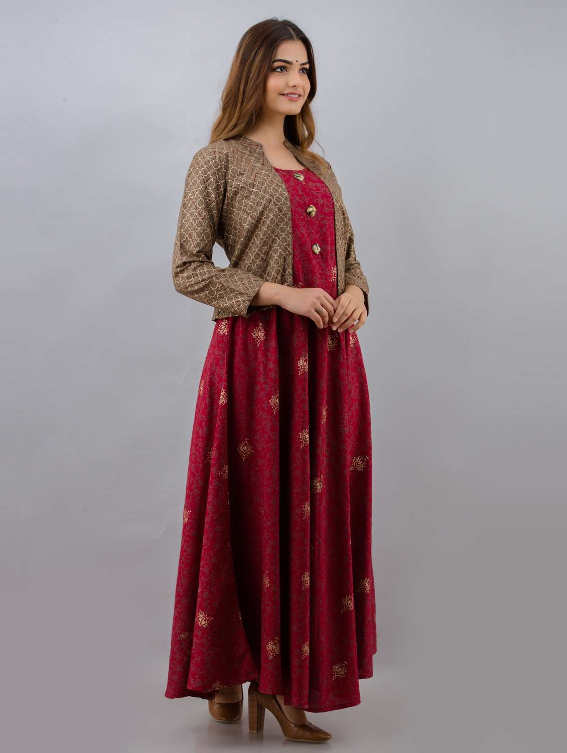 women floral printed three quarter sleeve ethnic dress - 21963339 - Standard Image - 1
