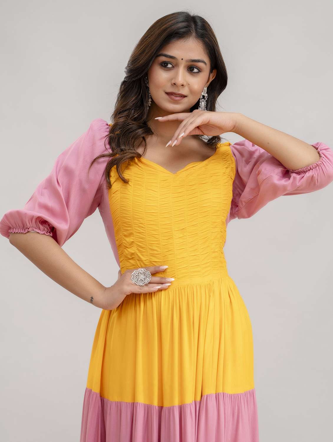 women color block puff sleeve tiered dress - 21963340 -  Standard Image - 4