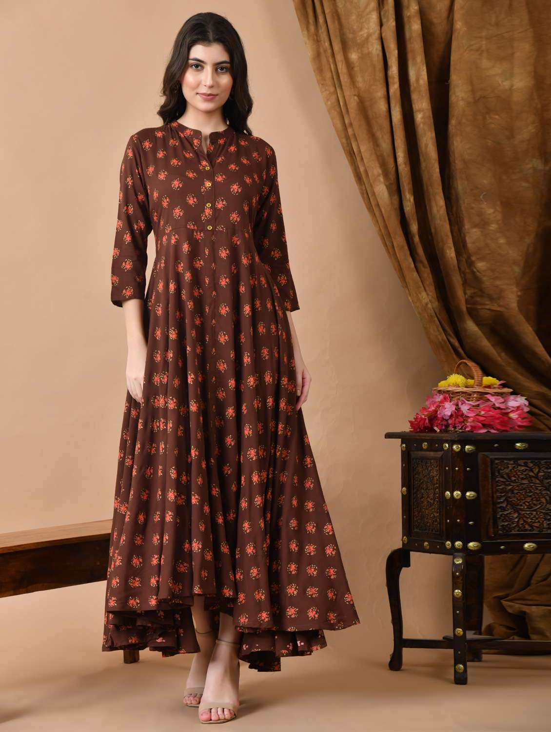 women floral printed three quarter sleeve ethnic dress