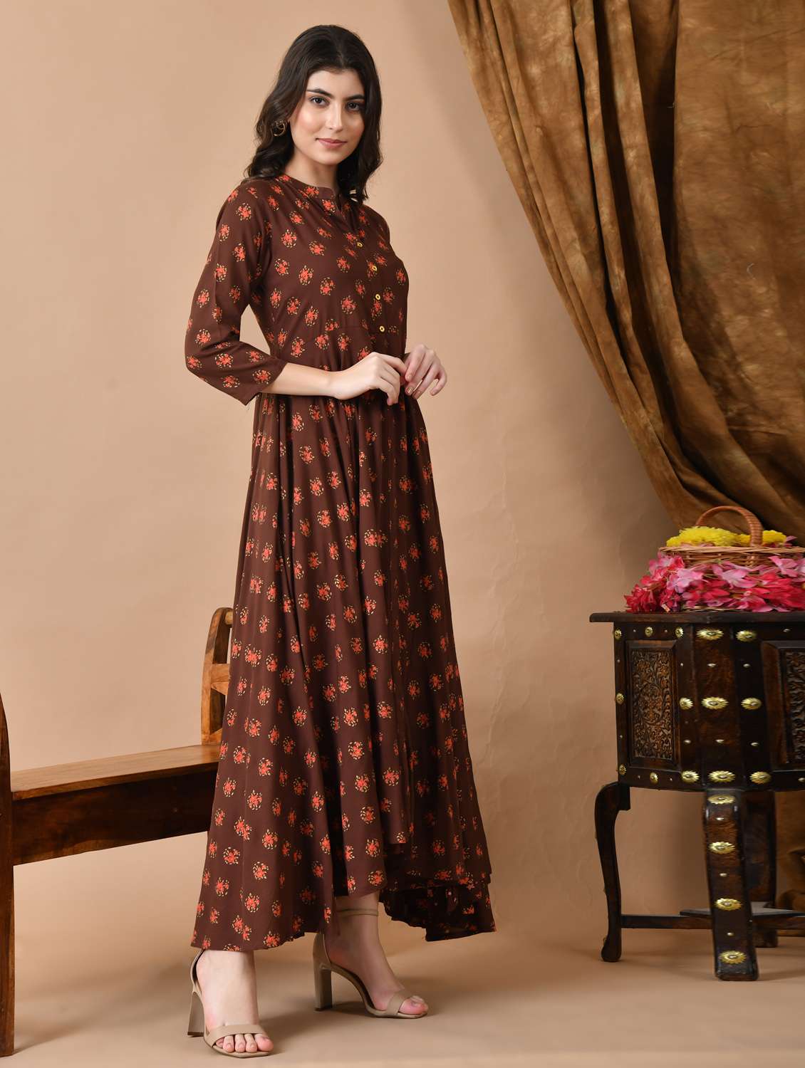 women floral printed three quarter sleeve ethnic dress - 21963341 -  Standard Image - 1