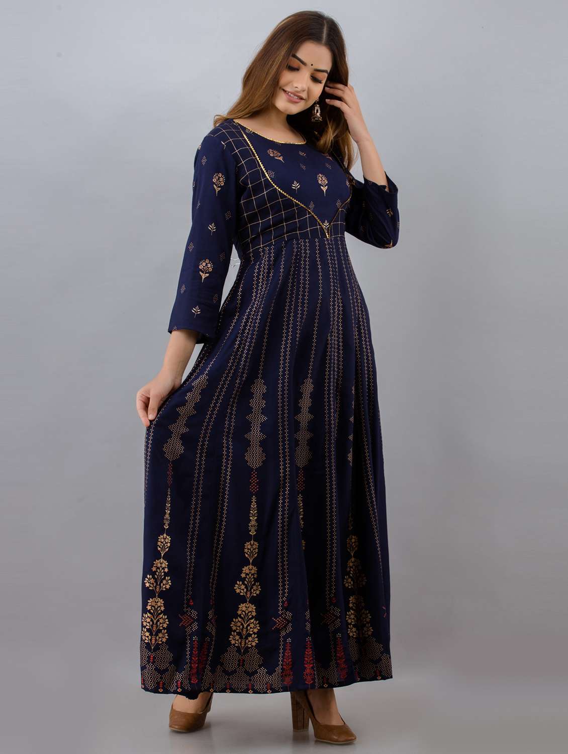 women printed three quarter sleeve ethnic dress - 21963342 -  Standard Image - 1