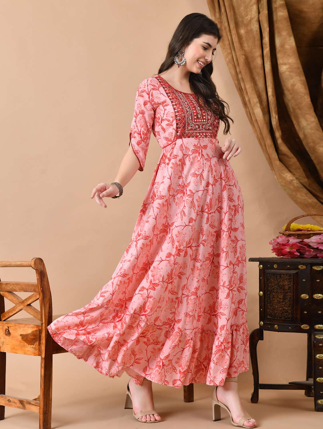 women floral printed three quarter sleeve ethnic dress - 21963343 - Standard Image - 1