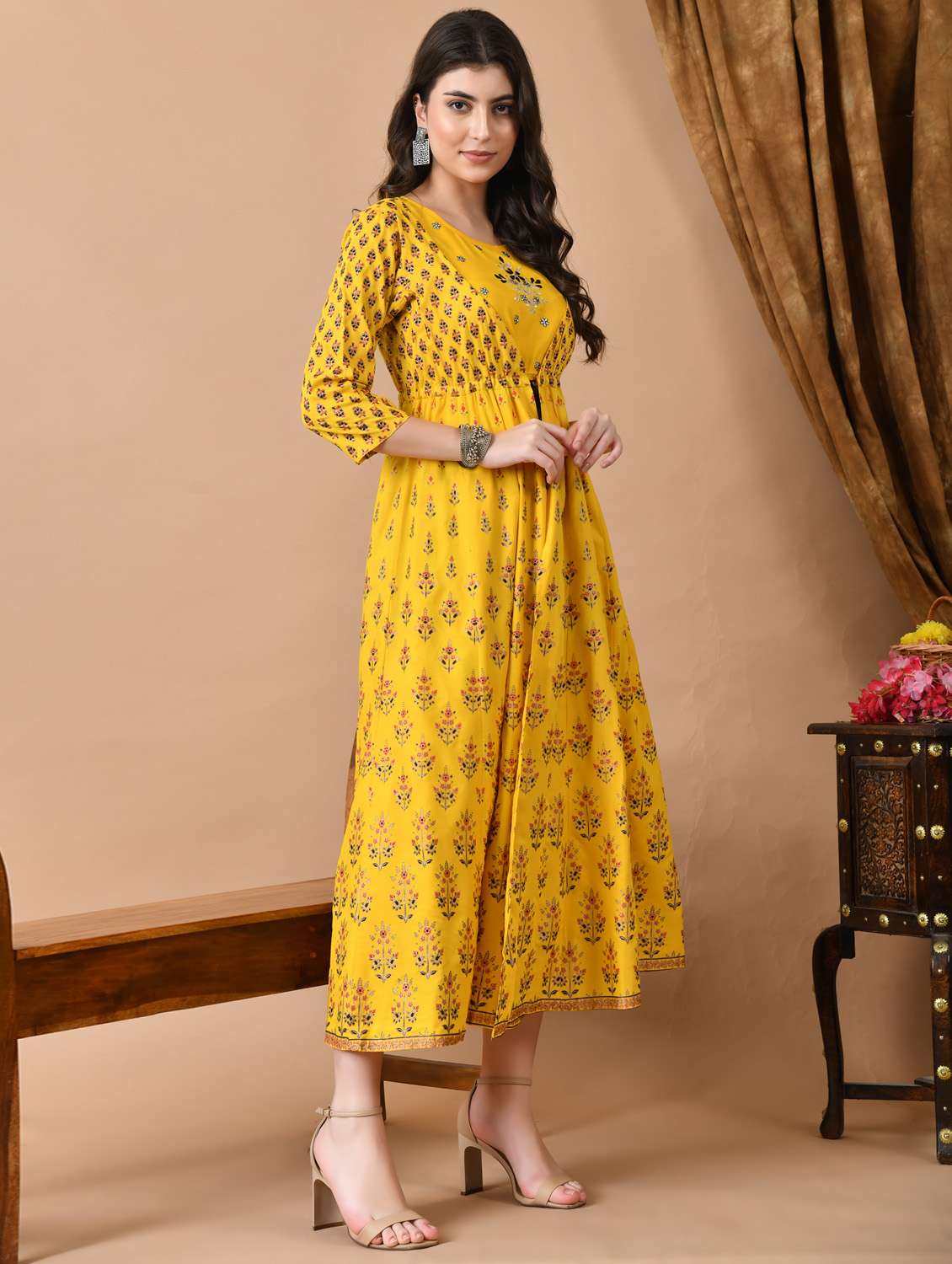 women printed three quarter sleeve ethnic dress - 21963345 -  Standard Image - 1