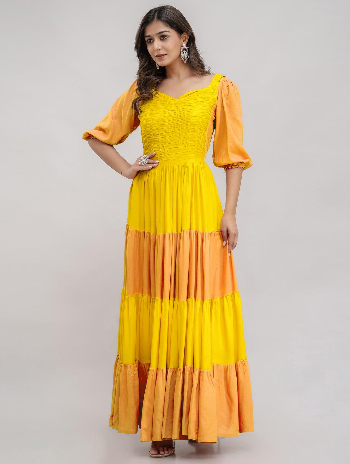 women color block puff sleeve tiered dress - 21963346 - Standard Image - 1