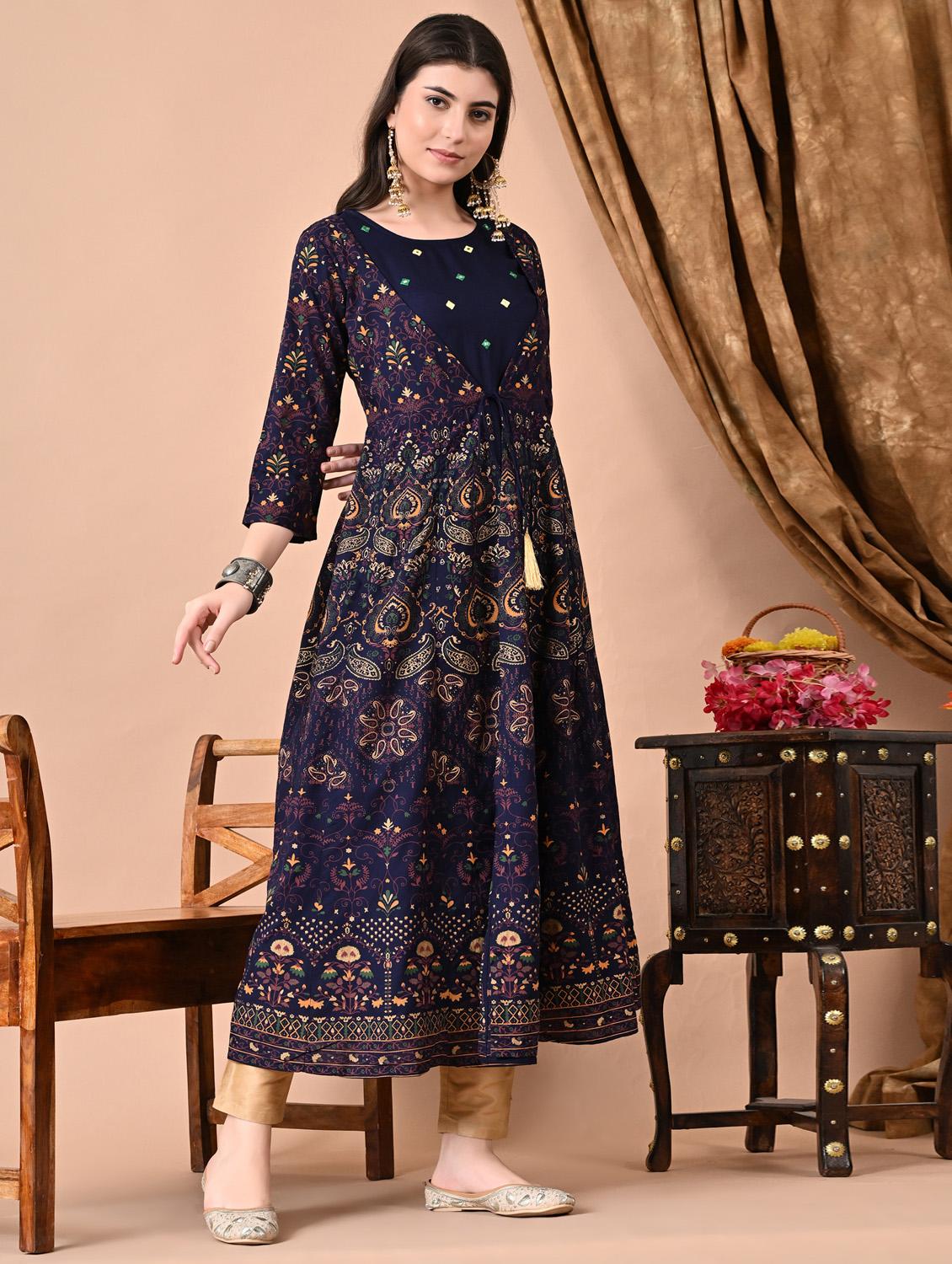 women printed three quarter sleeve flared kurta - 21963347 - Standard Image - 1
