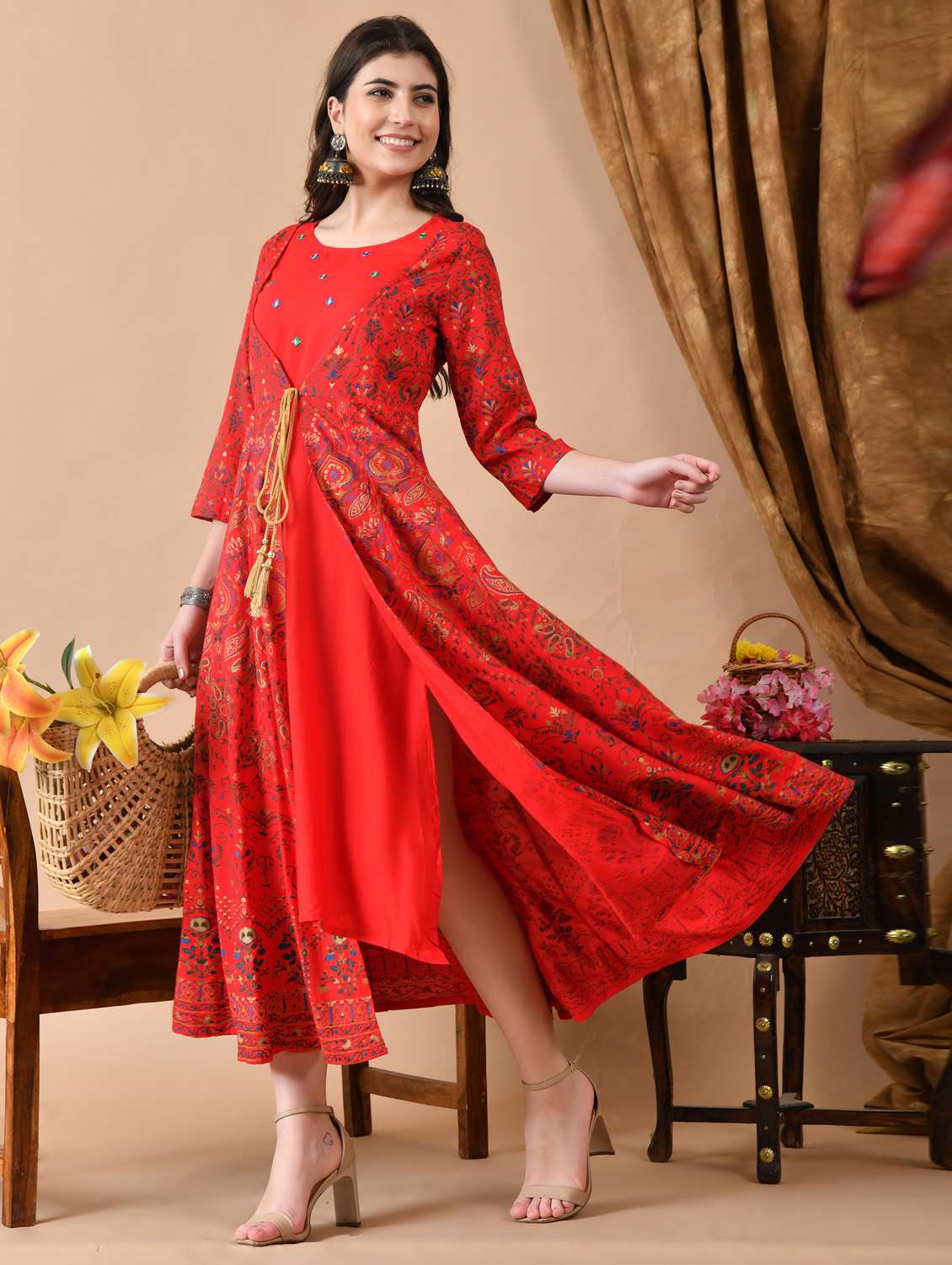 women printed three quarter sleeve ethnic dress