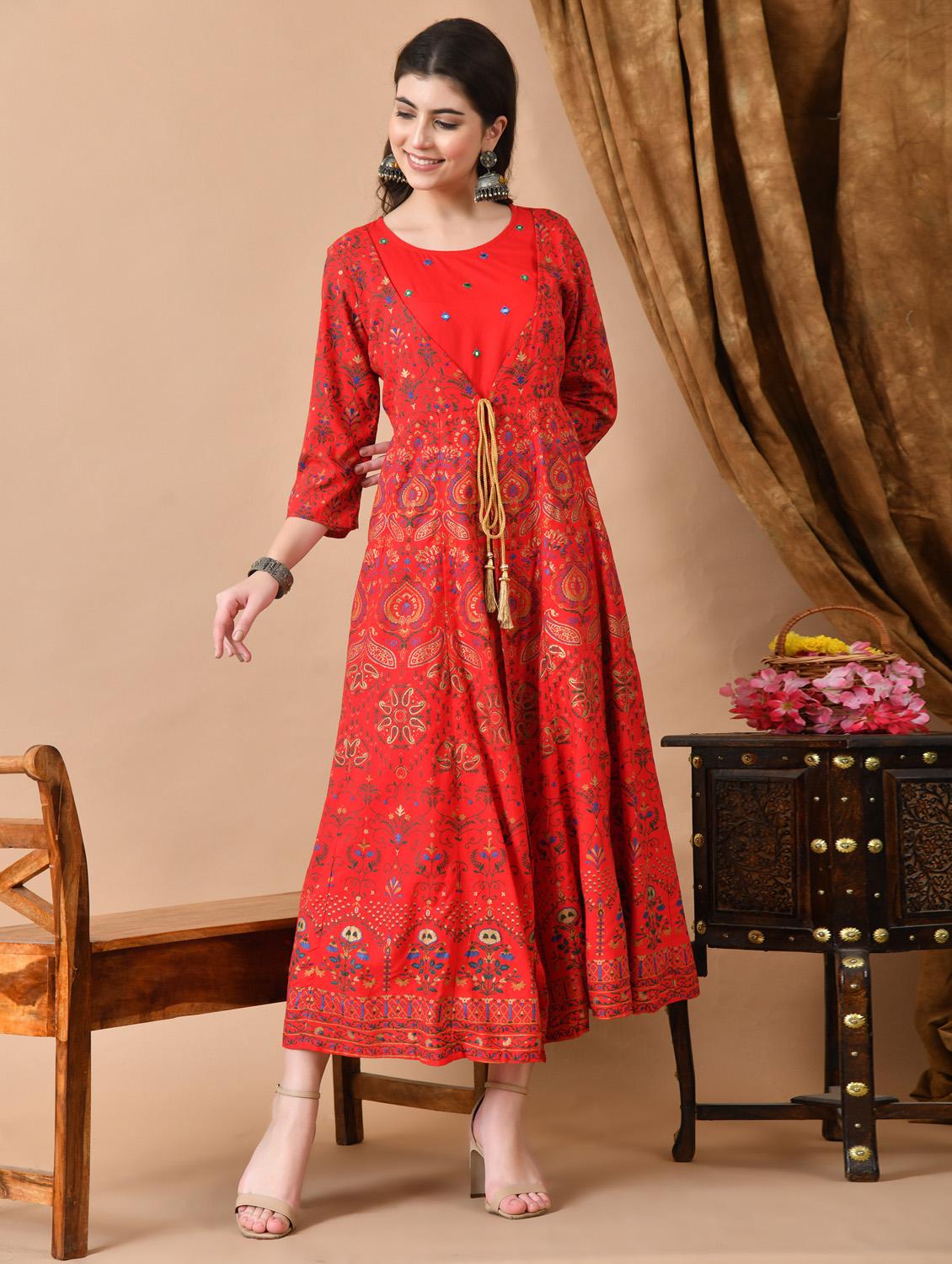 women printed three quarter sleeve ethnic dress - 21963348 - Standard Image - 1