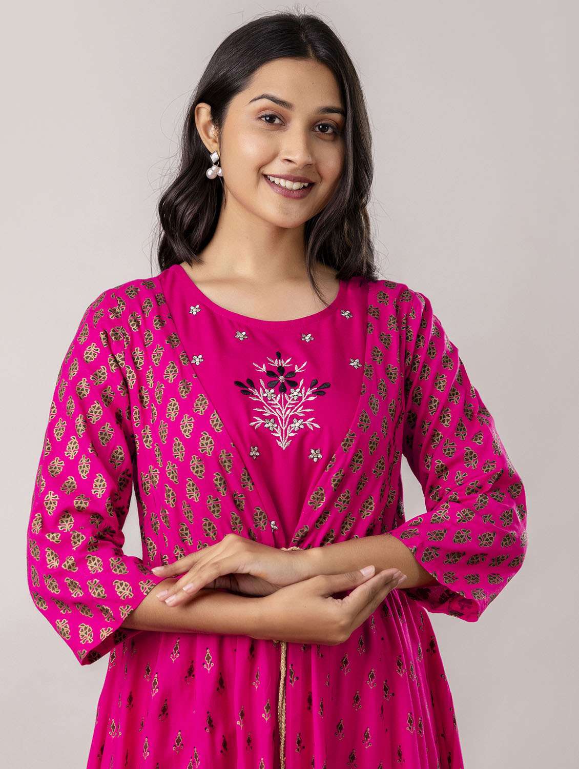 women printed three quarter sleeve ethnic dress - 21963349 - Standard Image - 4