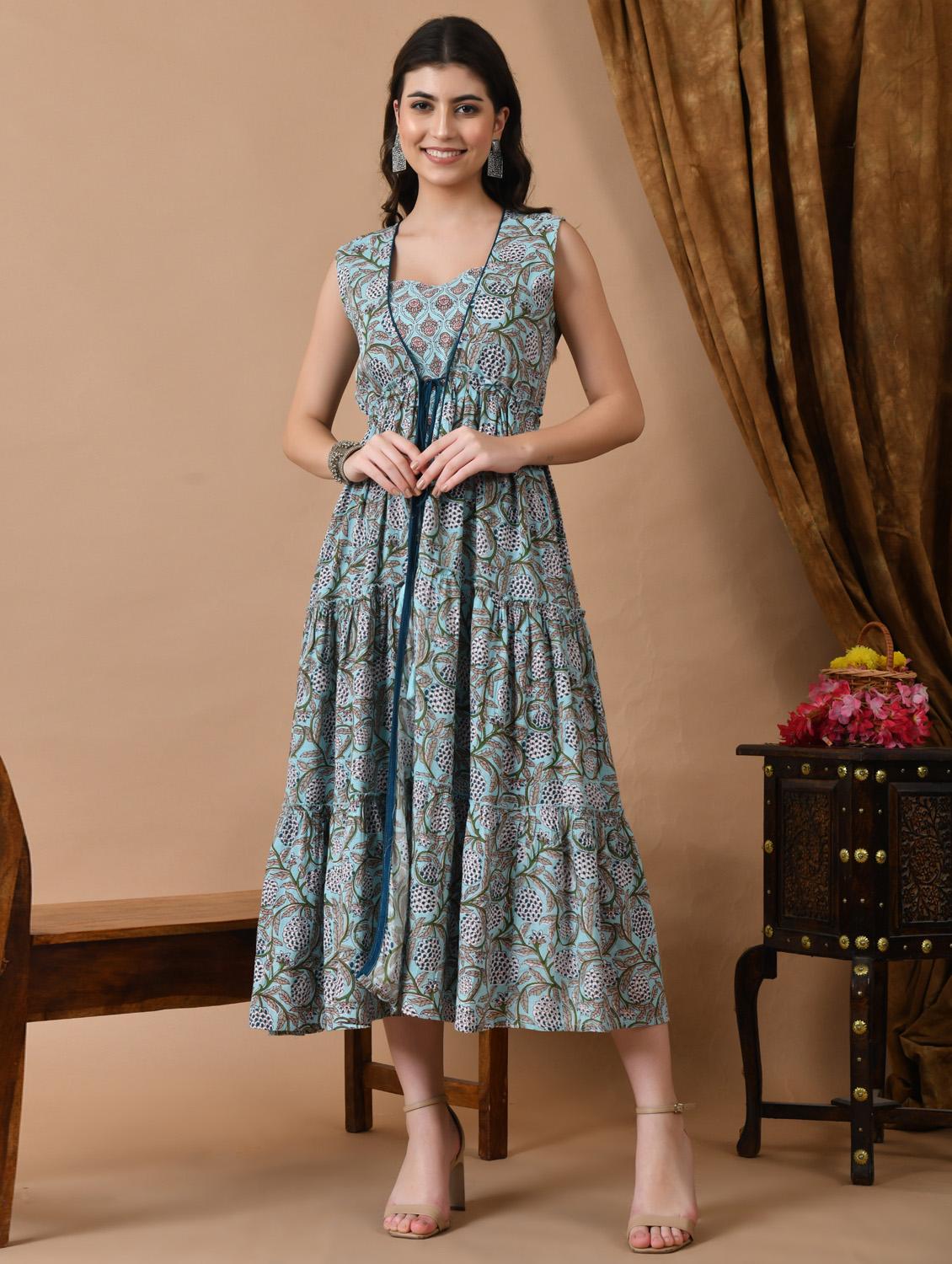 women blue floral printed sleeveless tiered ethnic dress - 21963352 - Zoom Image - 0