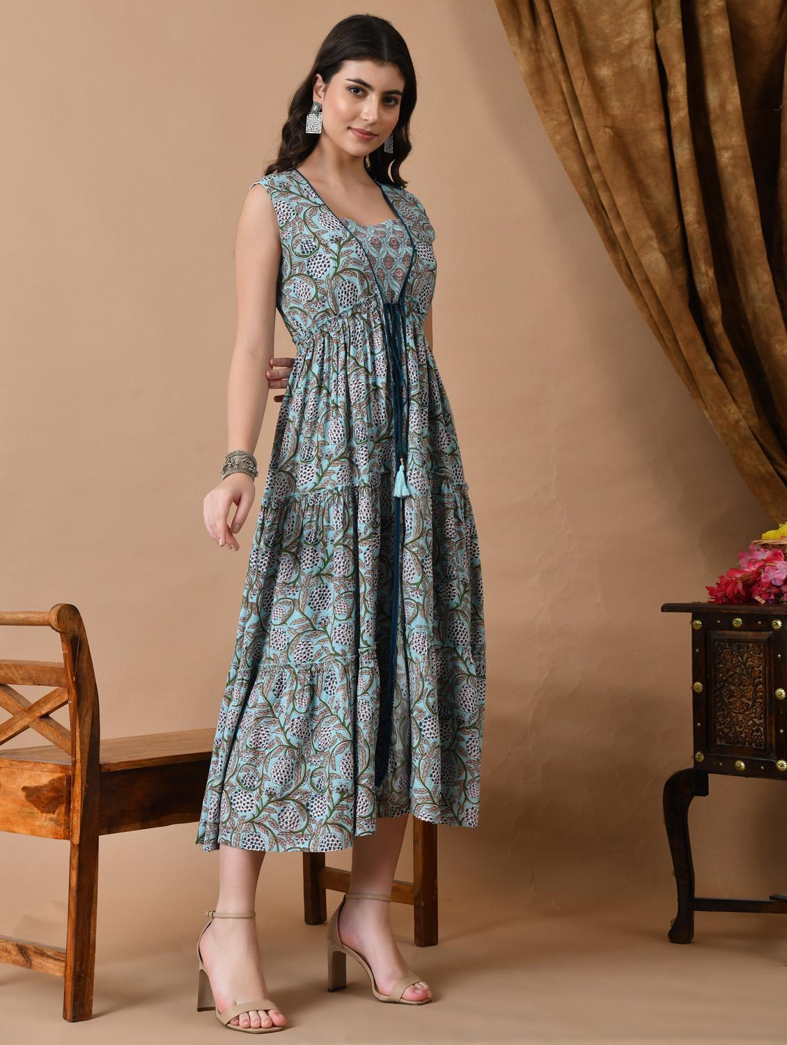 women blue floral printed sleeveless tiered ethnic dress - 21963352 - Standard Image - 1