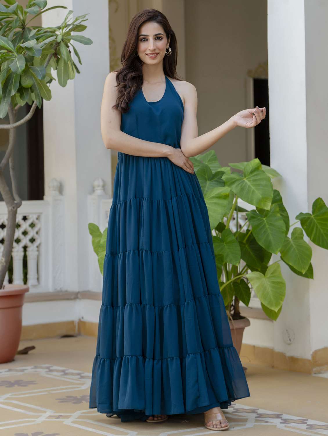 women teal solid halter neck tiered dress - 21963353 -  Standard Image - 1