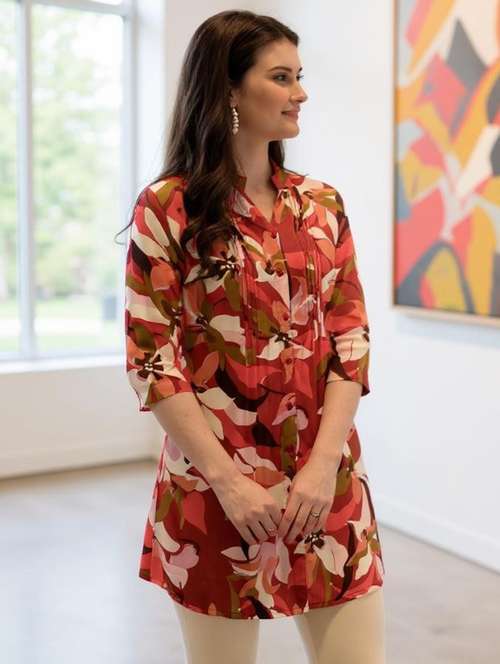 women floral print mandarin neck tunic