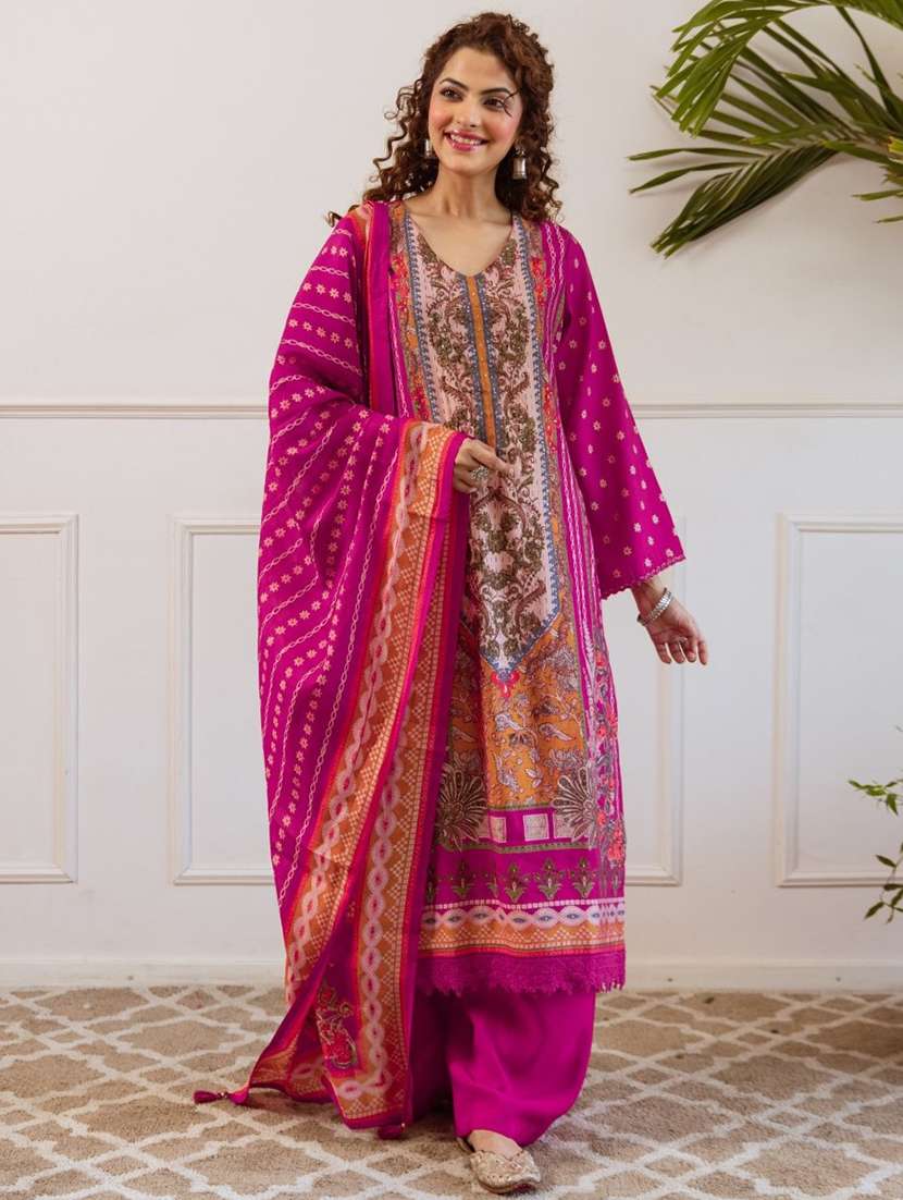 women pink long sleeve kurta palazzo with dupatta set