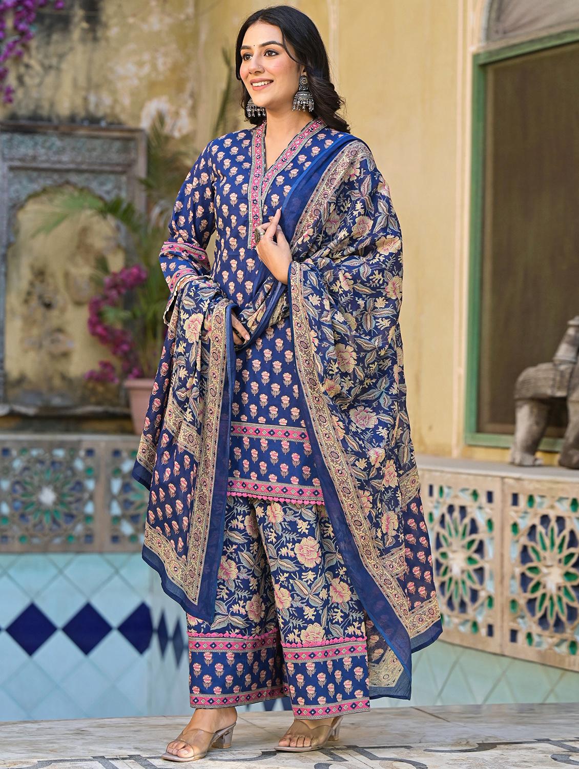 women three quarter sleeve kurta palazzo with dupatta set - 21963448 - Standard Image - 1