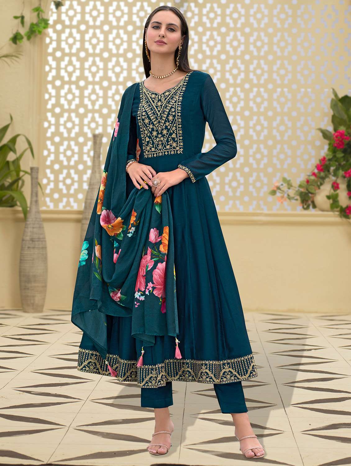 women teal long sleeve anarkali kurta pant with dupatta set - 21963481 -  Standard Image - 1