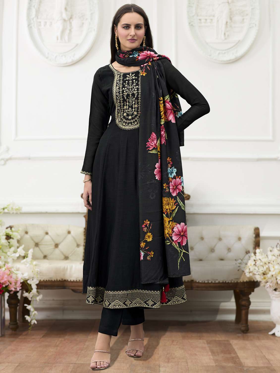 women black long sleeve anarkali kurta pant with dupatta set - 21963482 -  Standard Image - 1