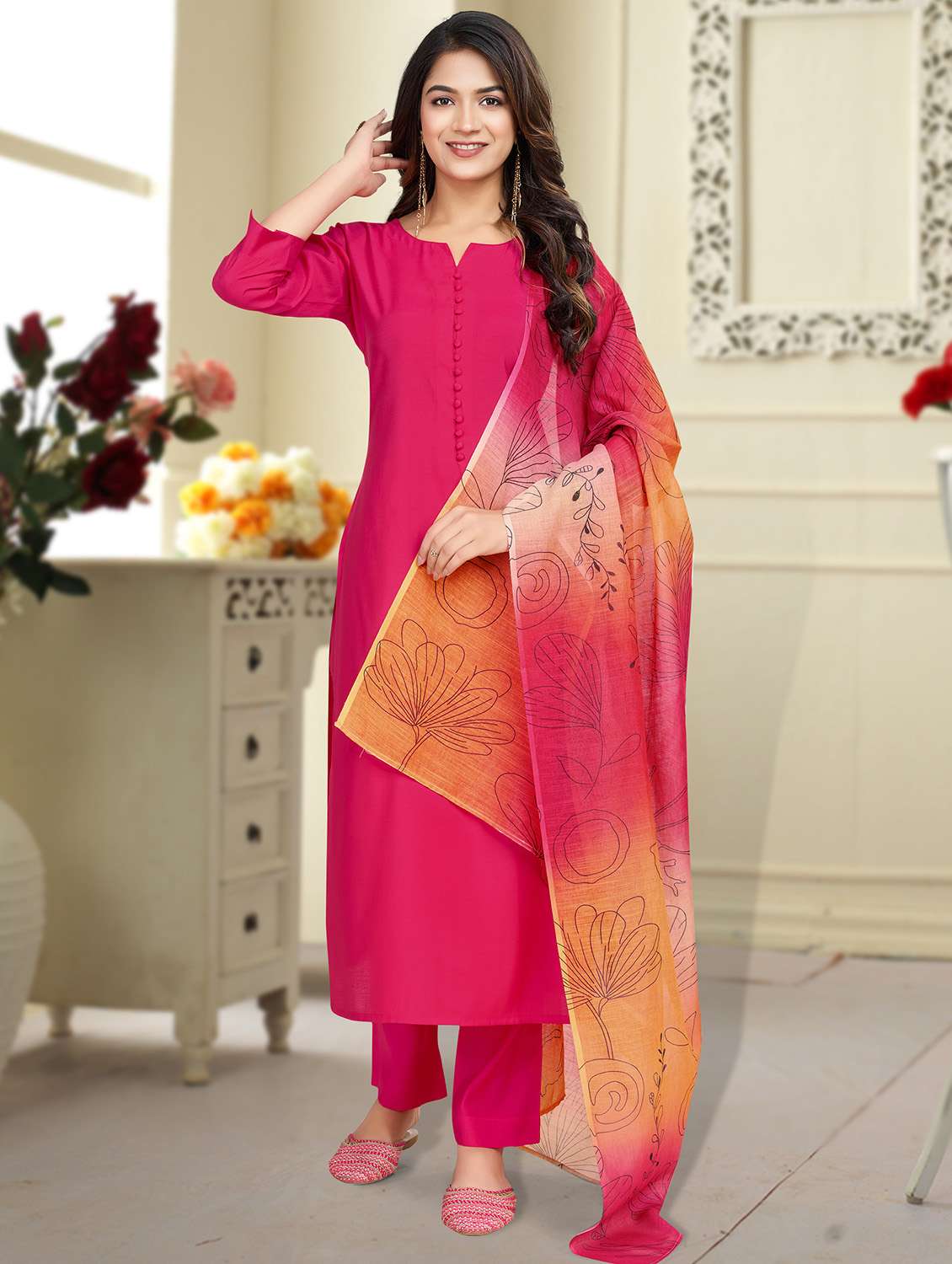 women three quarter sleeve kurta pant with dupatta set - 21963487 -  Standard Image - 1