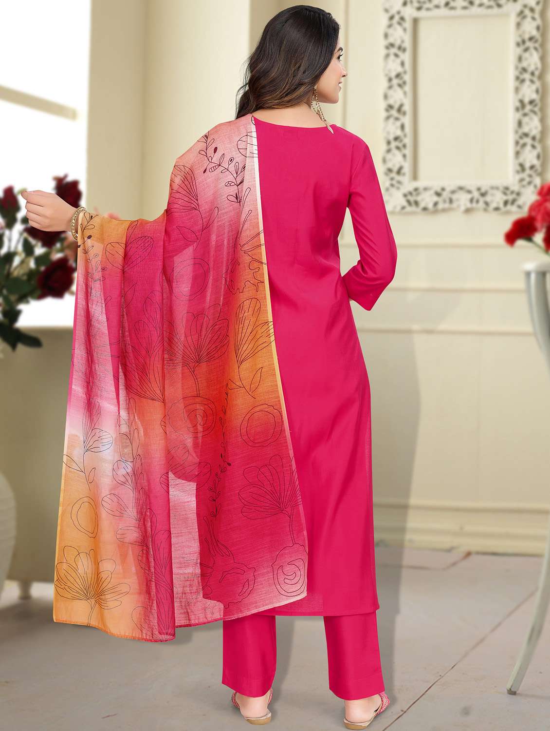 women three quarter sleeve kurta pant with dupatta set - 21963487 -  Standard Image - 4