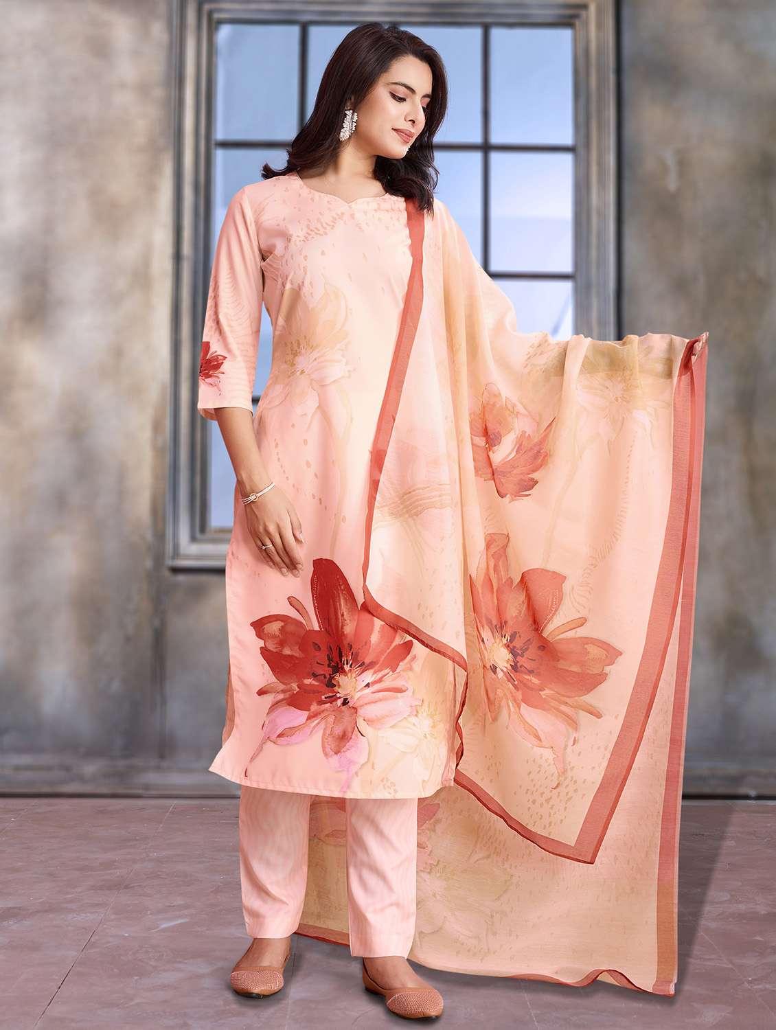 women three quarter sleeve kurta pant with dupatta set - 21963500 -  Standard Image - 1