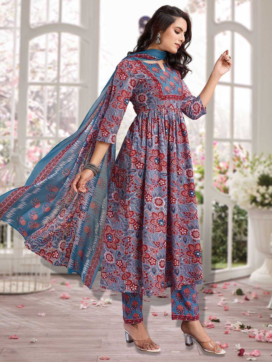 women three quarter sleeve anarkali kurta pant with dupatta set - 21963503 -  Standard Image - 1