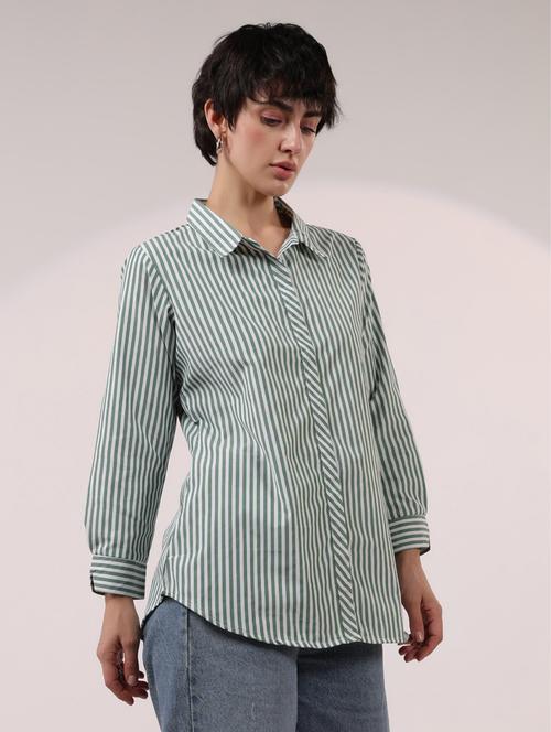 women green striped collared long sleeve shirt - 21964792 - Standard Image - 0