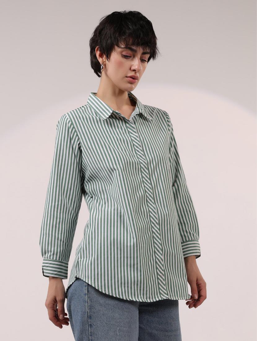 women green striped collared long sleeve shirt - 21964792 - Zoom Image - 0