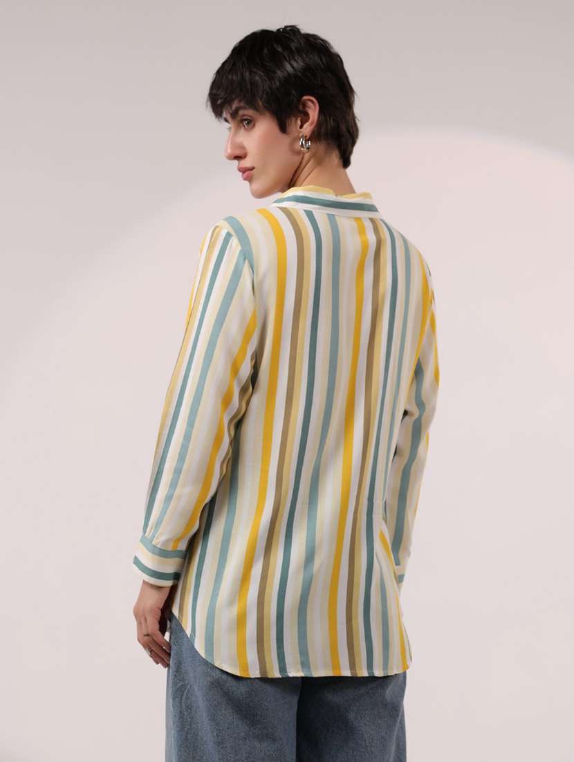 women cream striped collared long sleeve shirt - 21964794 -  Standard Image - 1