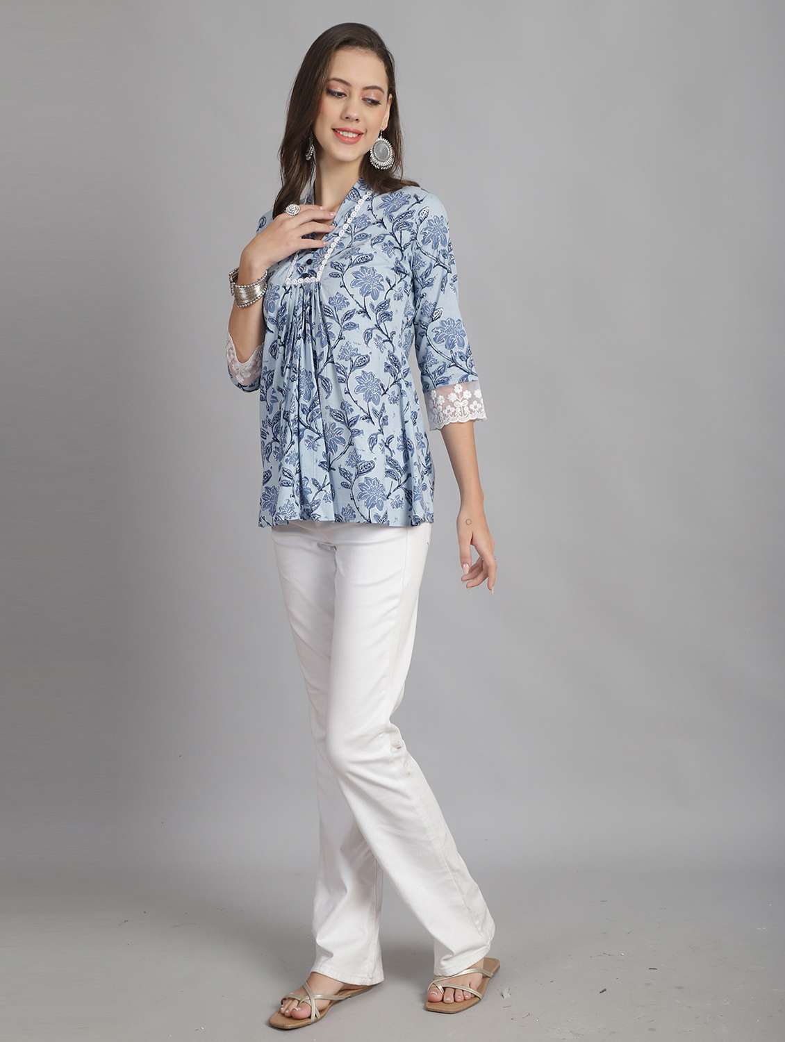 women three quarter sleeve a-line ethnic top - 21964836 -  Standard Image - 1