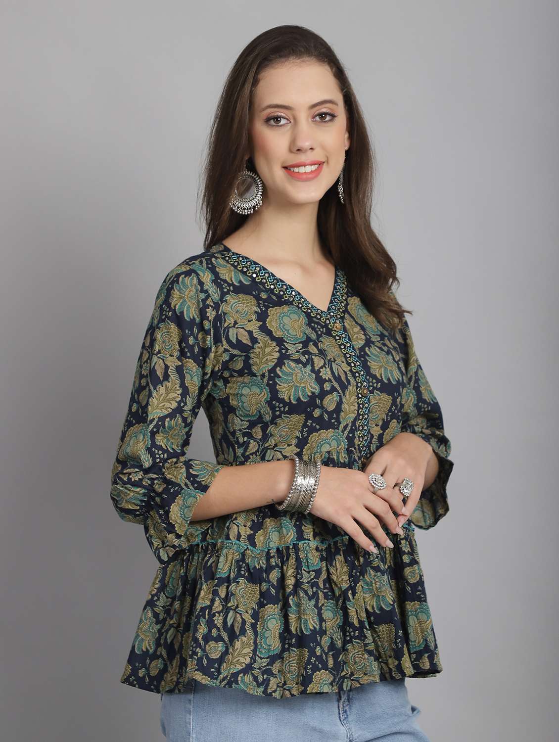 women three quarter sleeve a-line ethnic top - 21964838 -  Standard Image - 1