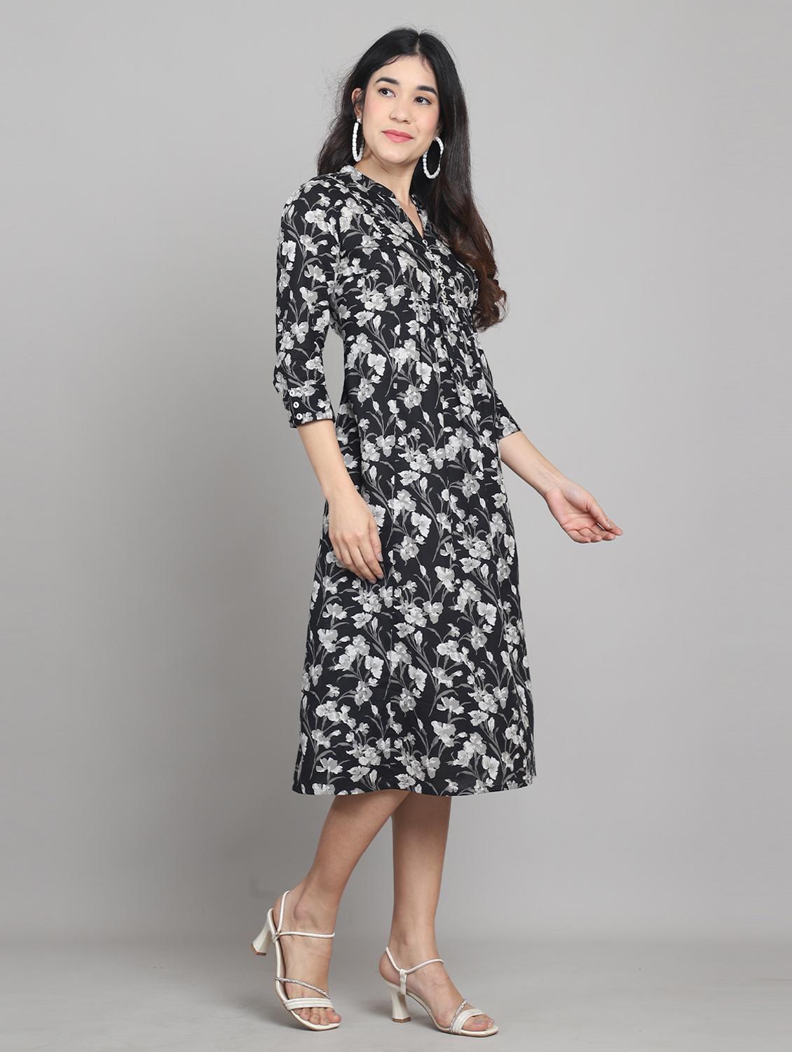 women black floral print mandarin neck a-line dress - 21964854 -  Standard Image - 1