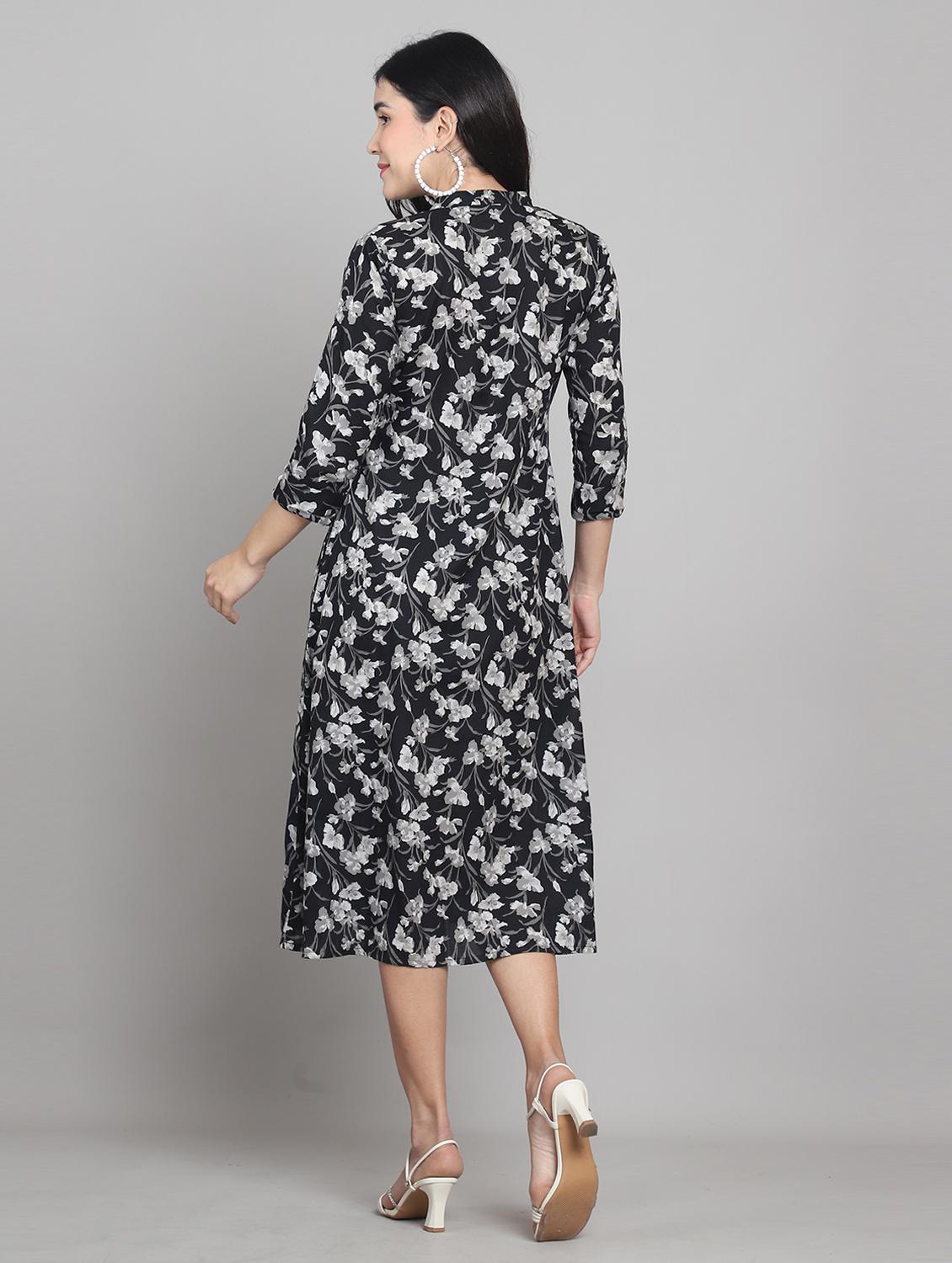 women black floral print mandarin neck a-line dress - 21964854 - Standard Image - 4