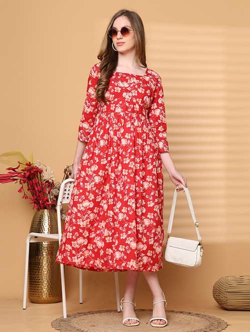 women red floral print calf length a-line dress - 21964855 - Standard Image - 0
