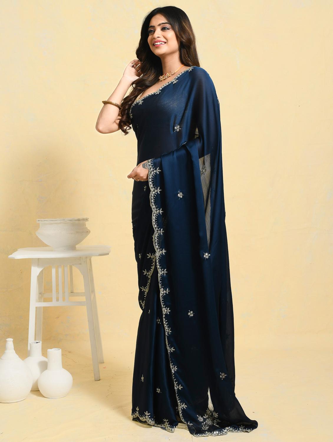 women solid with work embellished saree with blouse - 21965525 - Standard Image - 1
