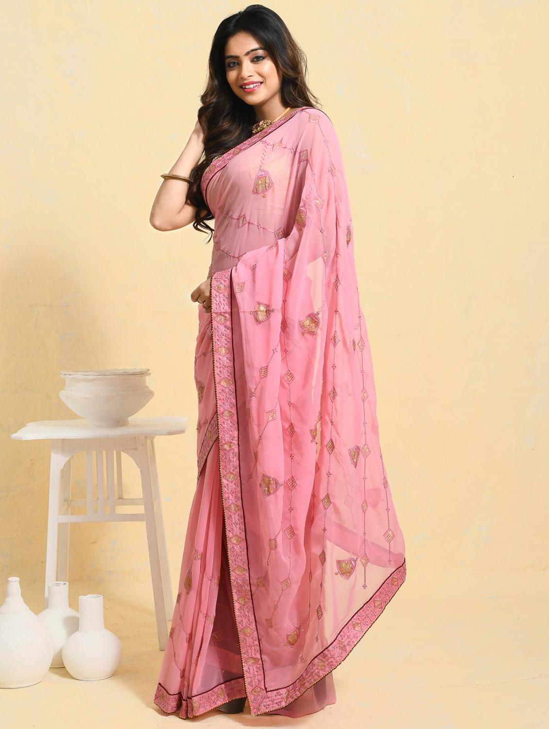 women solid with work embroidered saree with blouse - 21965542 - Standard Image - 1