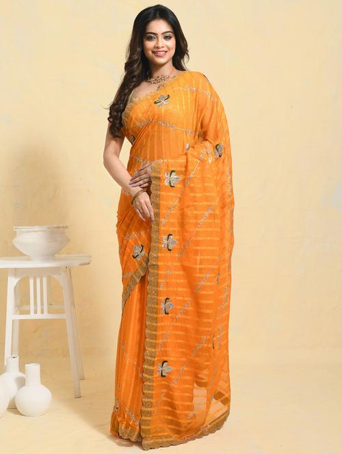 women striped embroidered saree with blouse - 21965546 -  Standard Image - 0