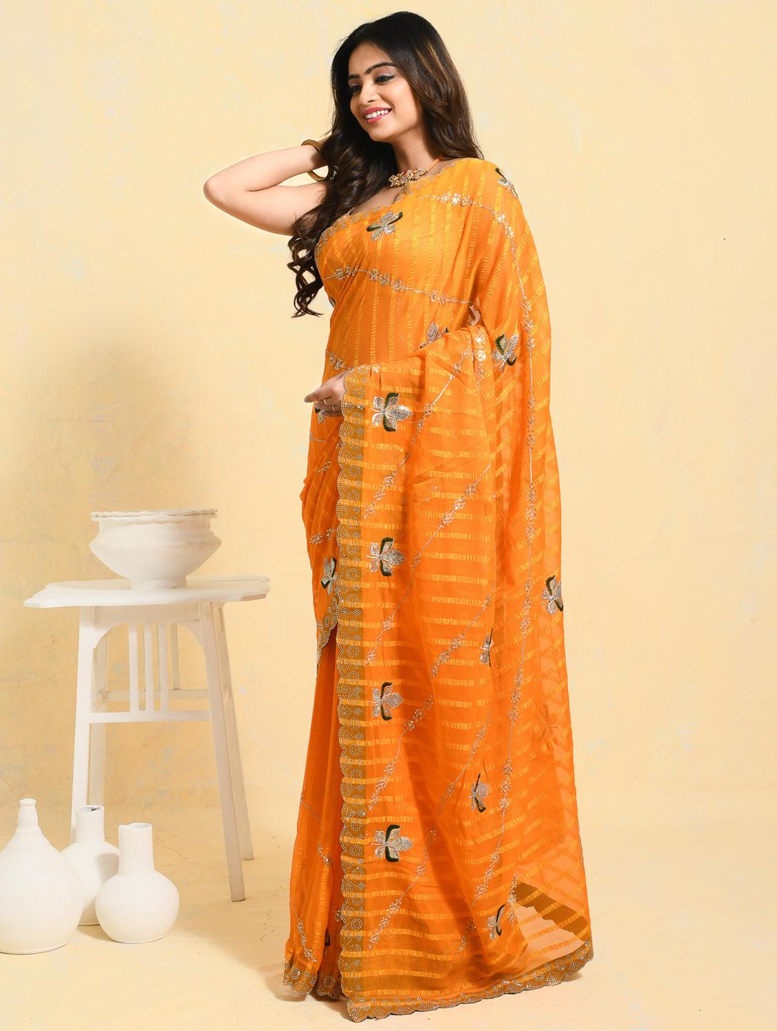 women striped embroidered saree with blouse - 21965546 -  Standard Image - 1