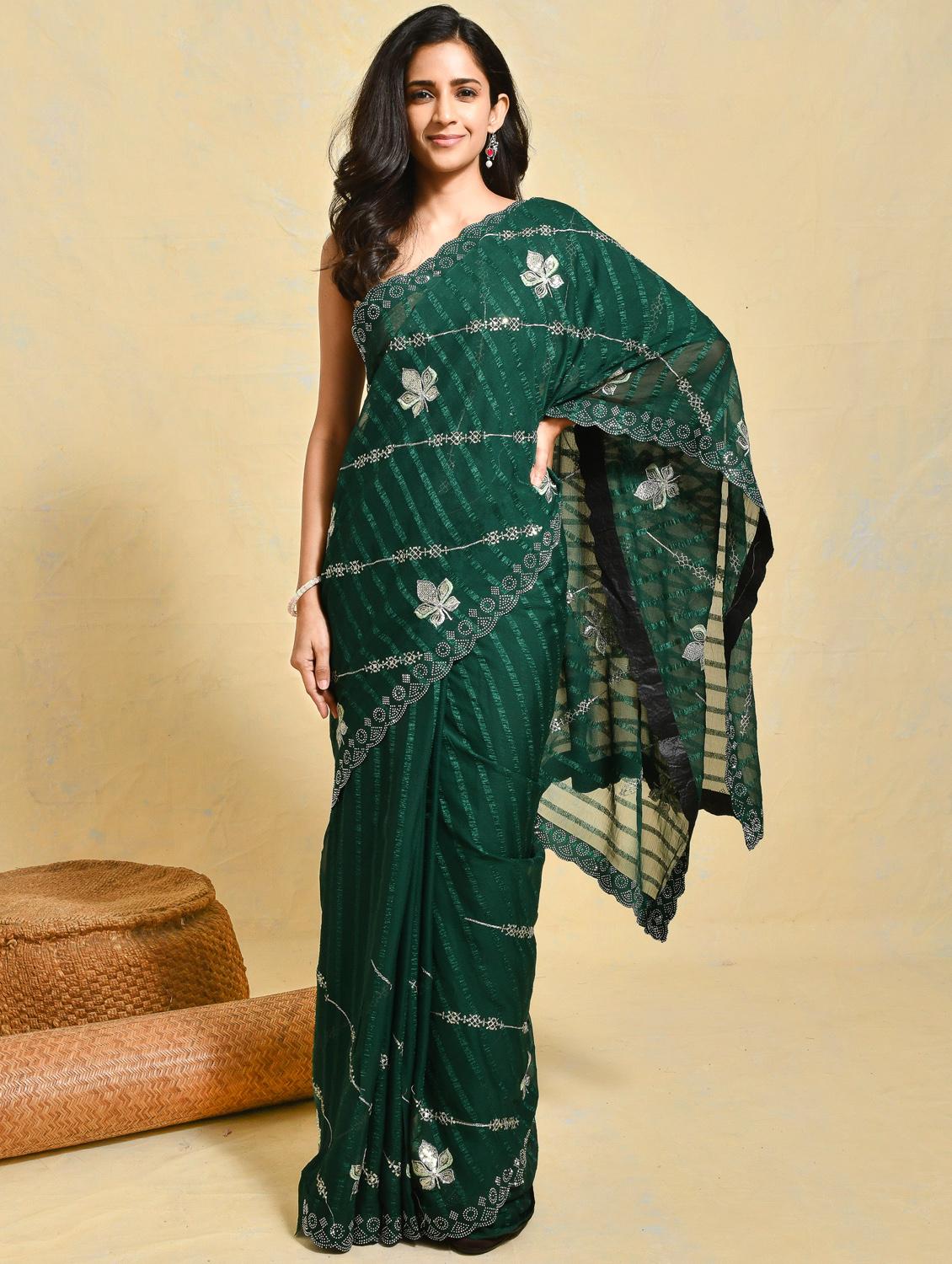 women striped embroidered saree with blouse - 21965553 - Standard Image - 1