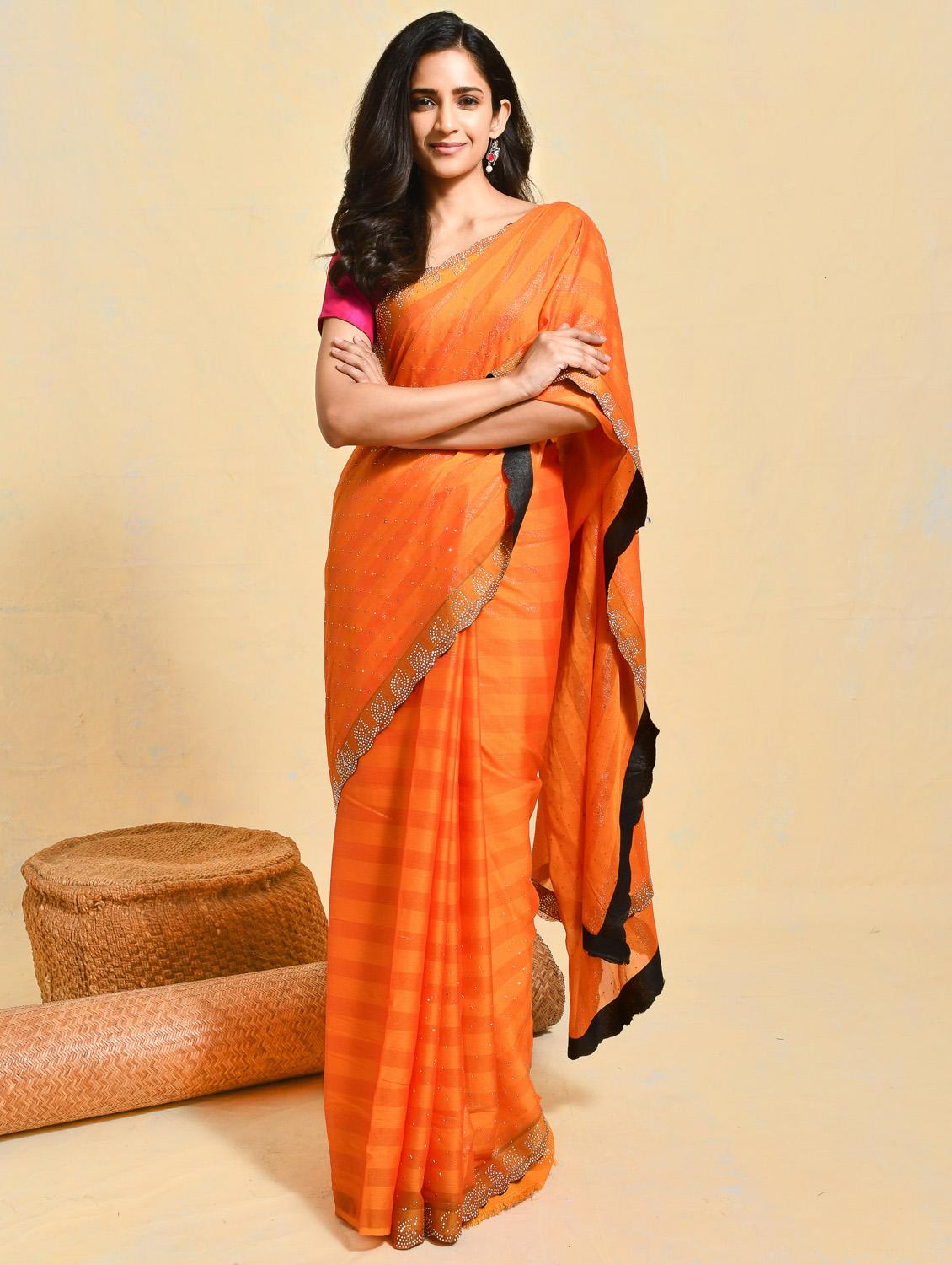 women striped embellished saree with blouse - 21965558 - Zoom Image - 0