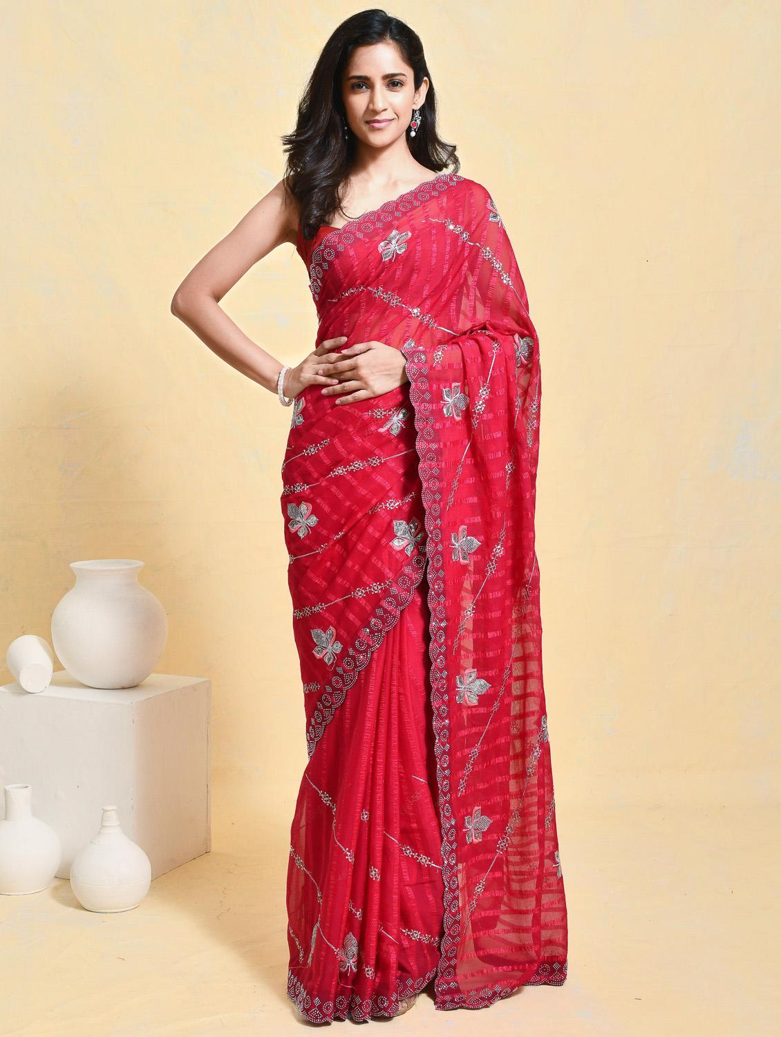 women striped embroidered saree with blouse - 21965561 - Standard Image - 1