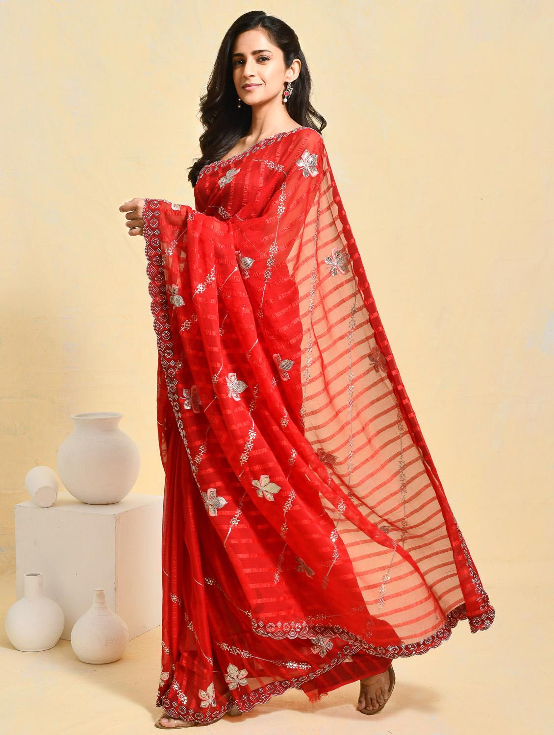 women striped embroidered saree with blouse - 21965565 -  Standard Image - 1