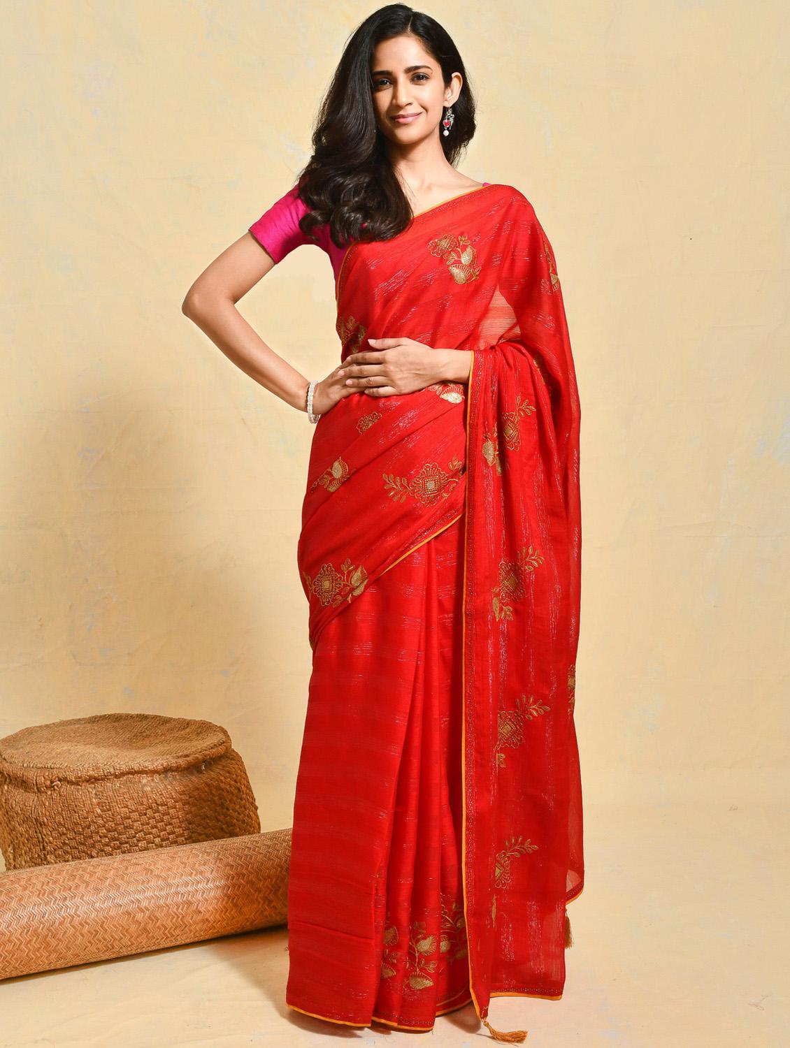 women striped embroidered saree with blouse - 21965566 -  Standard Image - 1