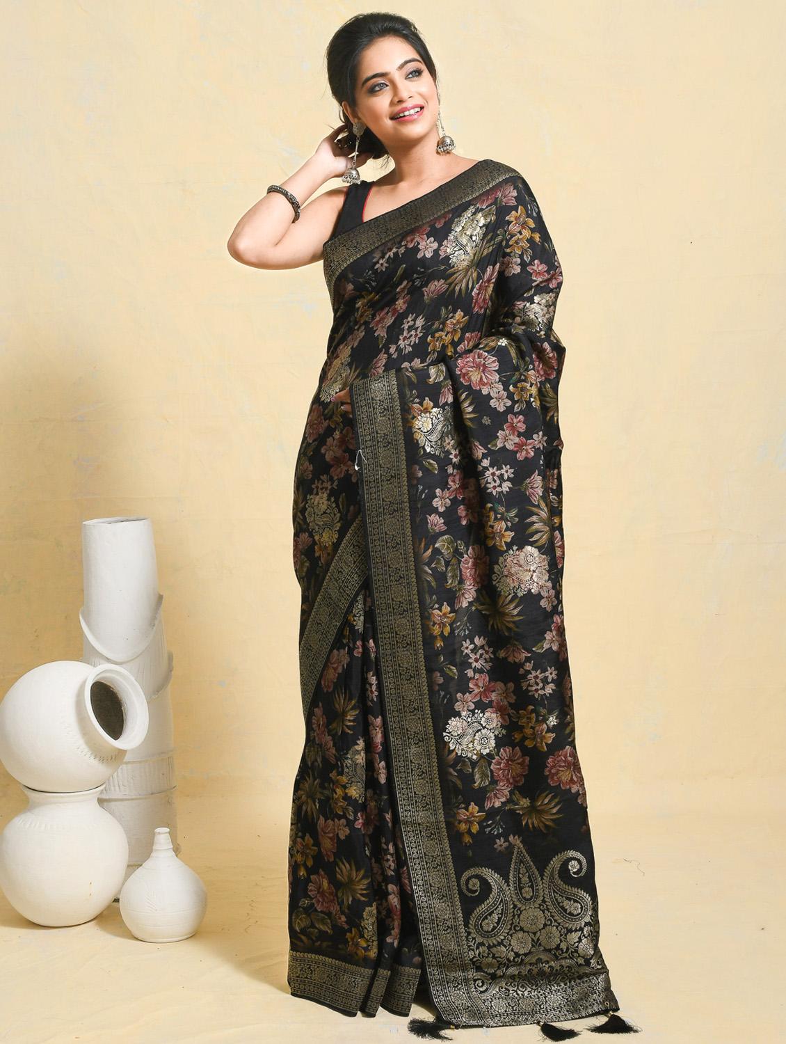 women floral printed bordered saree with blouse - 21965607 -  Standard Image - 1