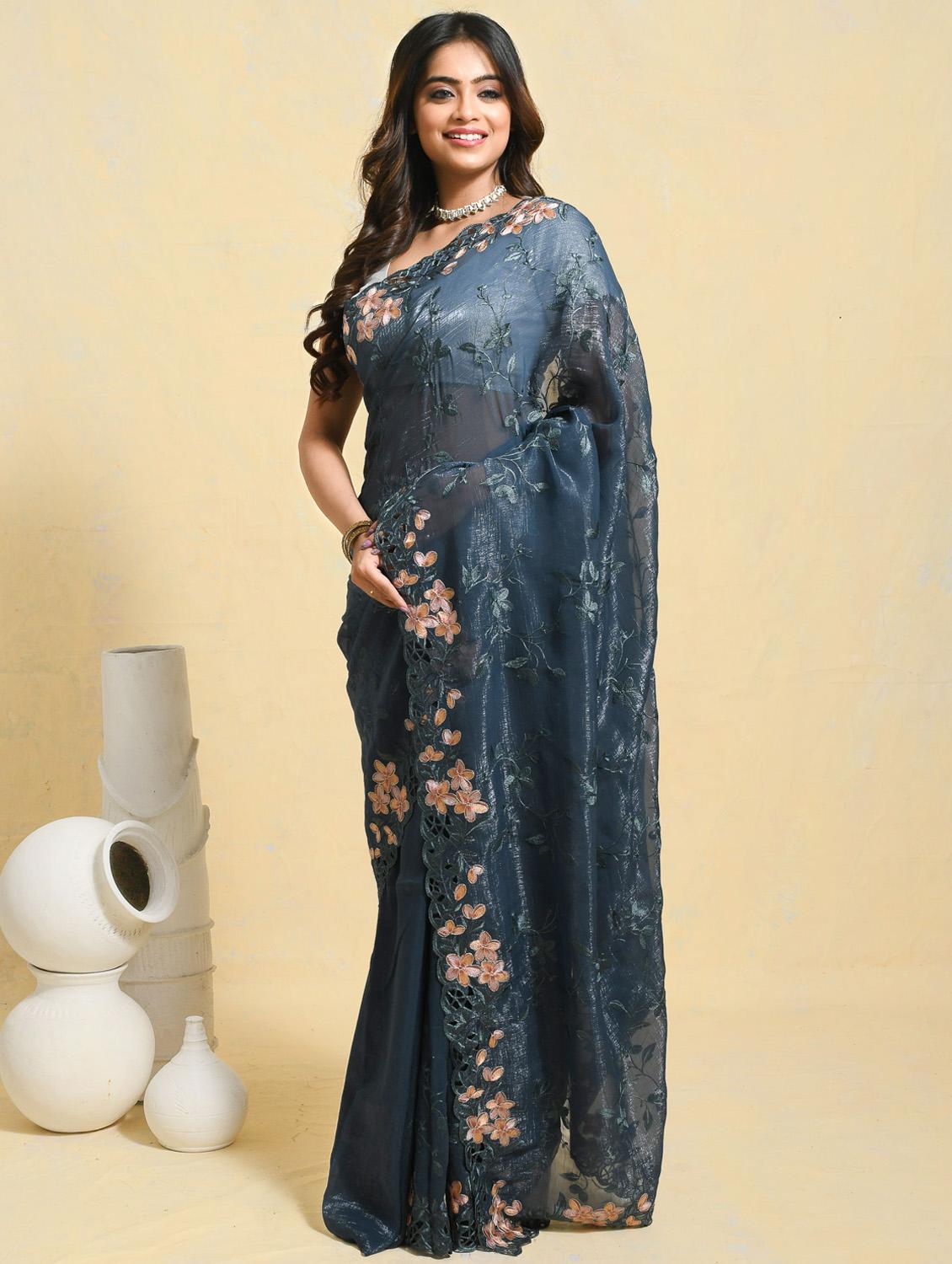 women solid with work embroidered saree with blouse - 21965630 - Zoom Image - 0