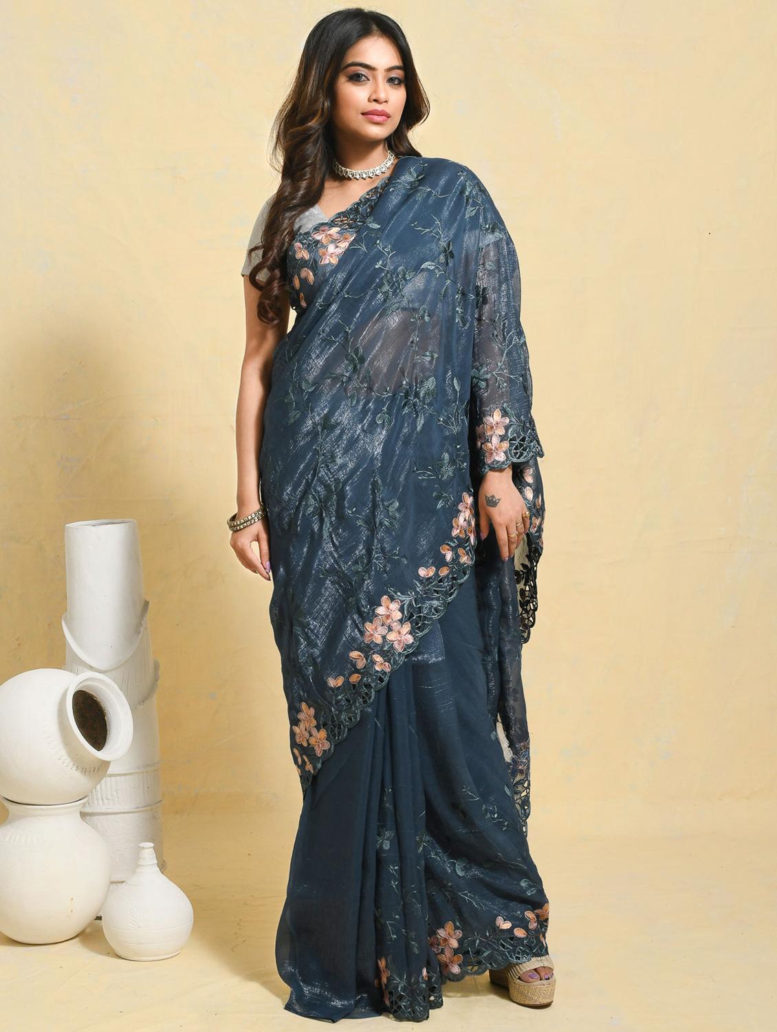 women solid with work embroidered saree with blouse - 21965630 - Standard Image - 1