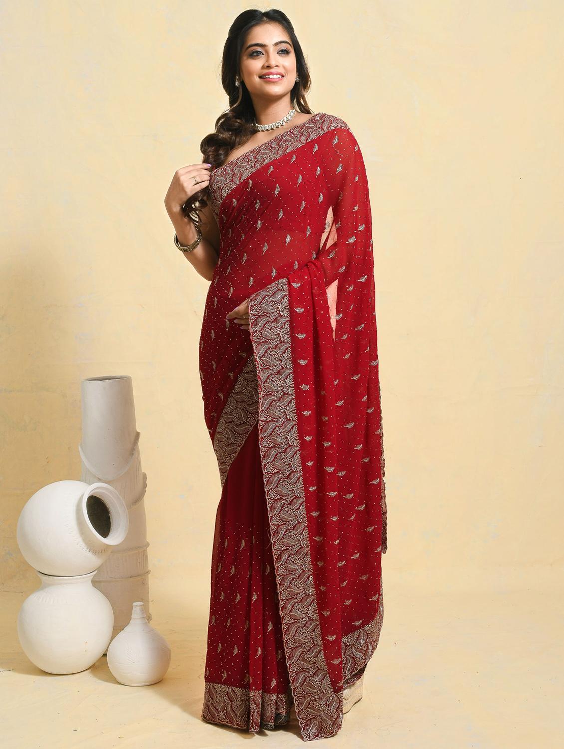 women solid with work embroidered saree with blouse - 21965638 - Zoom Image - 0
