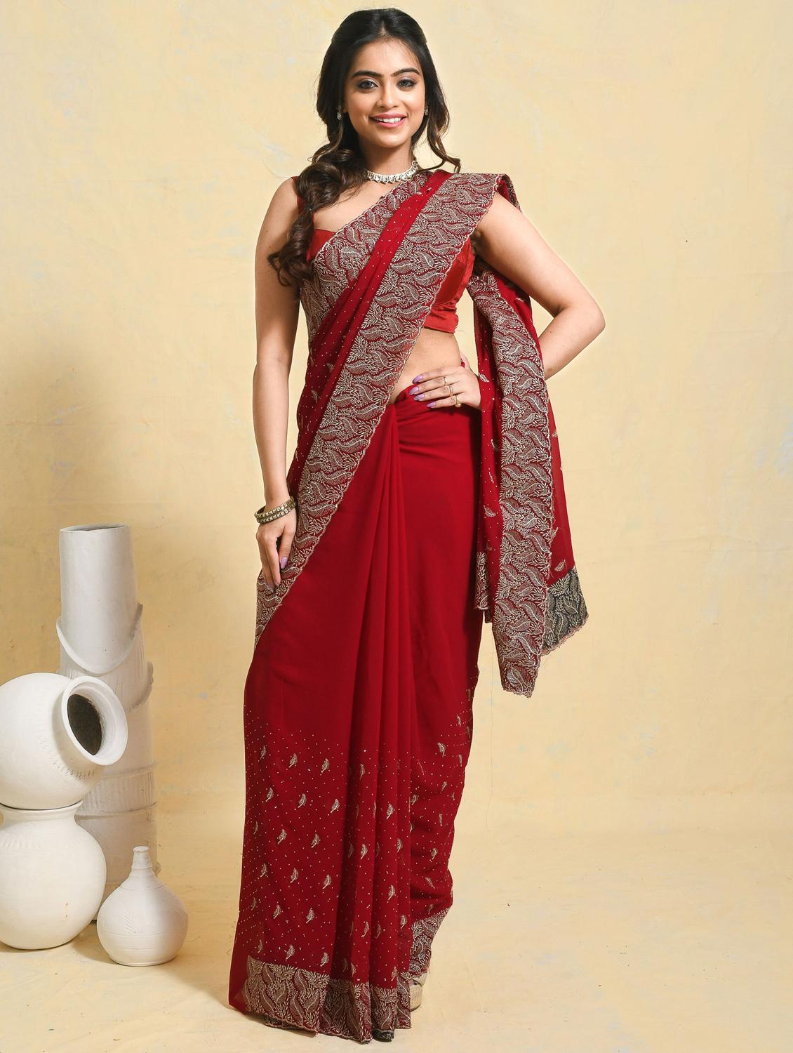 women solid with work embroidered saree with blouse - 21965638 -  Standard Image - 1