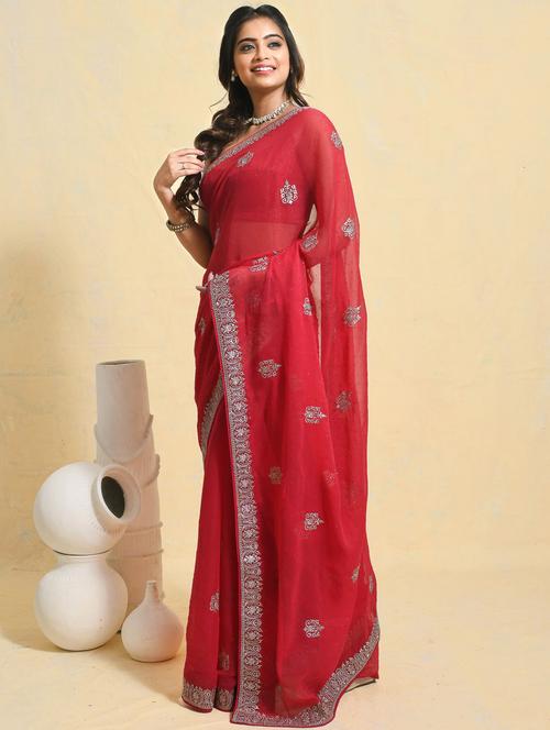 women solid with work embroidered saree with blouse - 21965640 -  Standard Image - 0