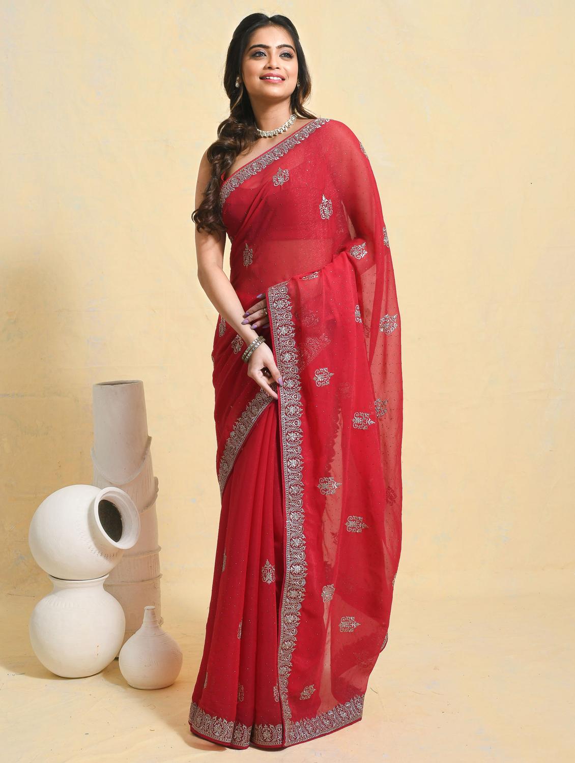 women solid with work embroidered saree with blouse - 21965640 -  Standard Image - 1