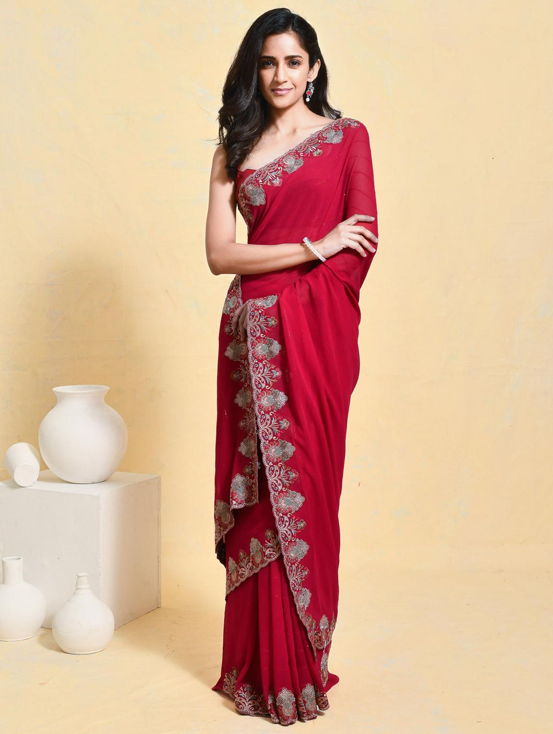 women solid with bordered saree with blouse - 21965641 - Standard Image - 1